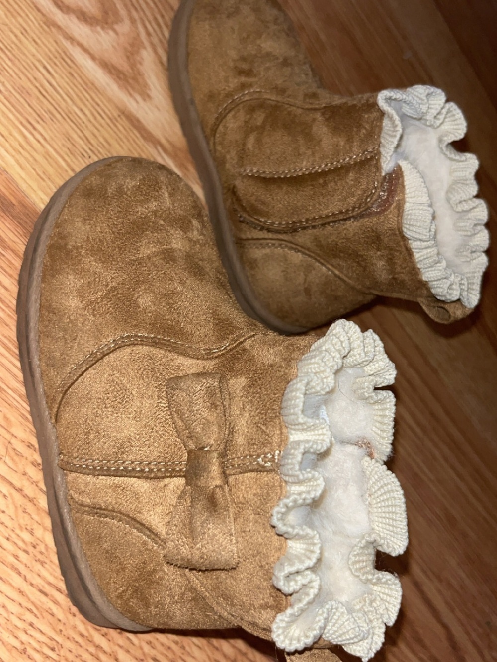 Kids Tan Suede Bow Ruffle Booties